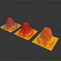 Three Red Volcanic Landscape Models With Yellow Bases On Gray Background 3d model