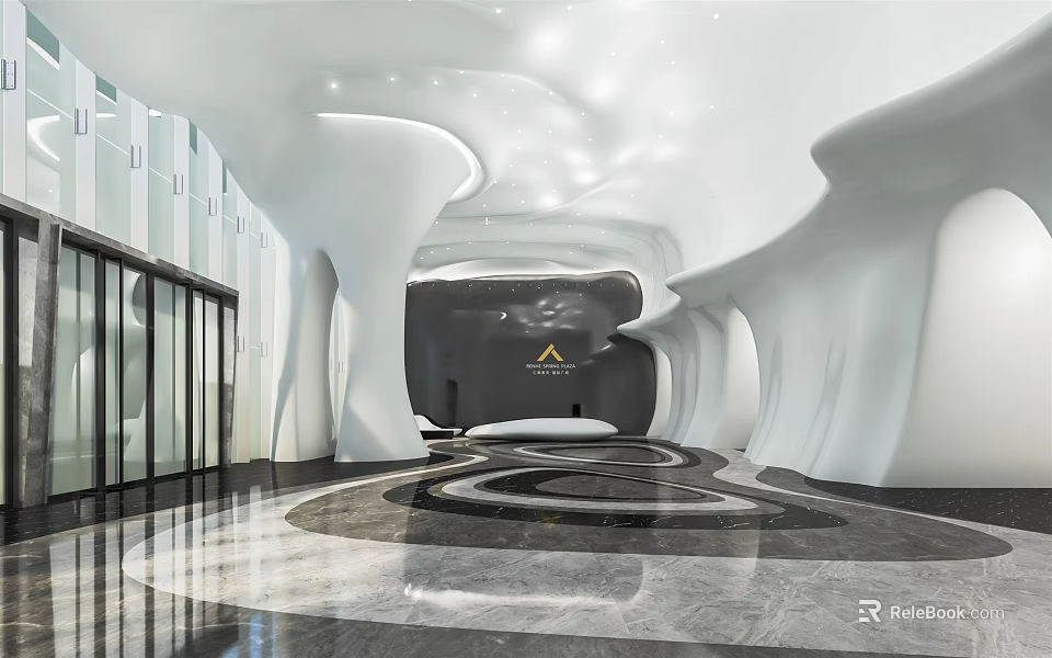 Modern Reception Area Design With White Curved Structures Glass Doors And Marble Flooring 3d model 