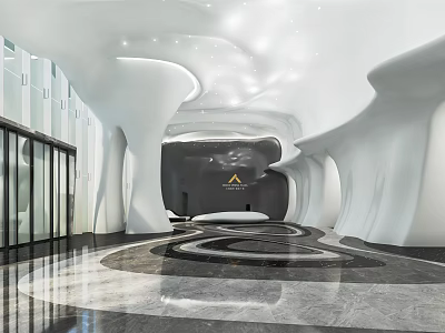 Modern Reception Area Design With White Curved Structures Glass Doors And Marble Flooring 3d model