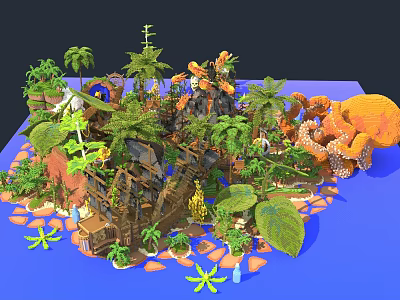 Tropical Miniature Landscape With Palm Trees Rocks And Lush Green Plants 3d model