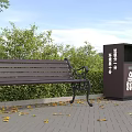 Commercial Outdoor Waste Sorting Equipment Next To Wooden Bench With Green Plants And Fallen Leaves