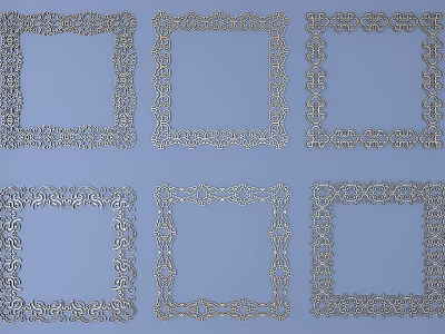 Six Silver Carved Border Frames With Various Intricate Patterns On Light Blue Background 3d model