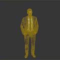 Man in Blue Suit White Shirt Red Tie with Hands in Pockets on Gray Background