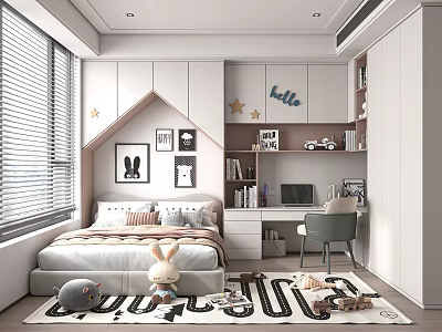 Modern Minimalist Kids Room Interior With Star Decorations Hello Sign Bed Desk Bookshelf And Alphabet Rug 3d model