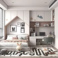 Modern Minimalist Kids Room Interior With Star Decorations Hello Sign Bed Desk Bookshelf And Alphabet Rug