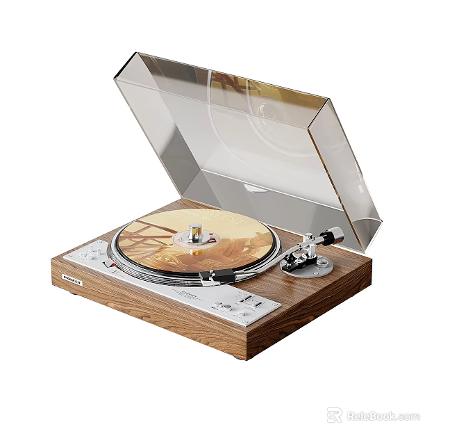 Vintage Turntable With Wooden Base Open Transparent Cover And Vinyl Record 3d model 