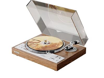 Vintage Turntable With Wooden Base Open Transparent Cover And Vinyl Record 3d model