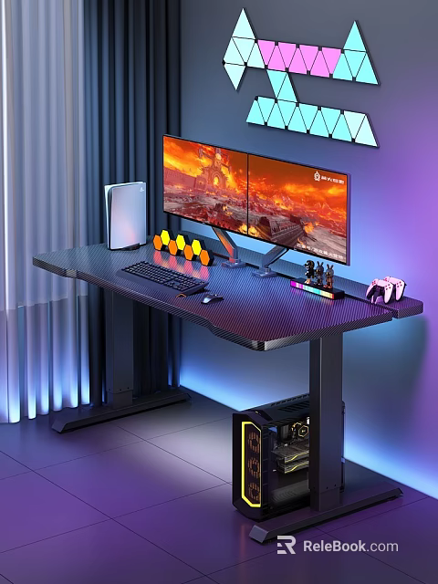 Modern Gaming Desk With Dual Monitors Gaming Display Keyboard Mouse RGB Lights And PC Tower 3d model 