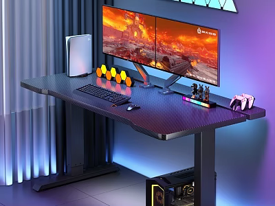 Modern Gaming Desk With Dual Monitors Gaming Display Keyboard Mouse RGB Lights And PC Tower 3d model