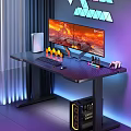 Modern Gaming Desk With Dual Monitors Gaming Display Keyboard Mouse RGB Lights And PC Tower