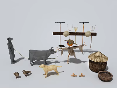 Garden Ornaments Display Featuring Farm Tools Human Figurine Cow Dog Birds And Baskets 3d model