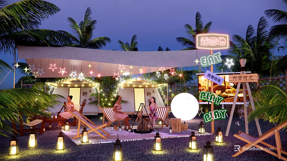 Night Campsite With Palm Trees Star String Lights Lanterns People Relaxing And EAT PLAY Area 3d model 