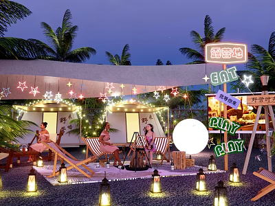 Night Campsite With Palm Trees Star String Lights Lanterns People Relaxing And EAT PLAY Area 3d model