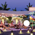 Night Campsite With Palm Trees Star String Lights Lanterns People Relaxing And EAT PLAY Area