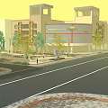 Vibrant Commercial Shopping Street With Red Signboard Trees And Street Lamps