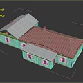 Wooden Building Structure With Red And Gray Roofs Windows And White Chimneys
