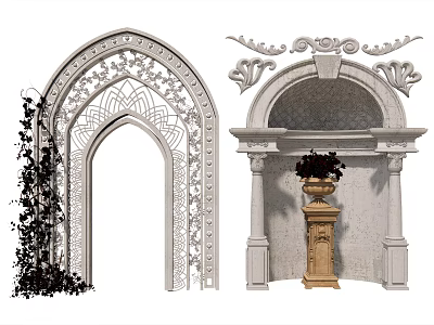 Ornate Door Arches With Intricate Carvings Stone Pillars Vines And Flower Vase 3d model