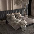 Elegant Modern Bedroom Interior With Dark Leather Headboard Crystal Chandelier And Round Nightstand