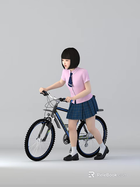 Girl In Pink Top Blue Tie And Plaid Skirt Riding Bicycle 3d model 