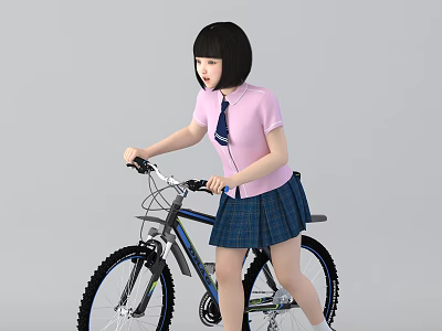 Girl In Pink Top Blue Tie And Plaid Skirt Riding Bicycle 3d model