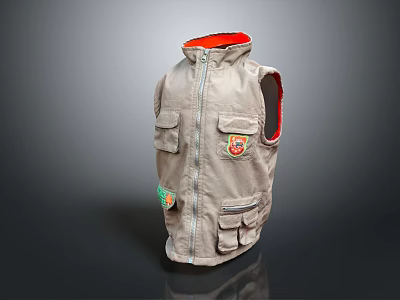 Stylish Gray Vest with Orange Collar Multiple Pockets and Emblem Design 3d model