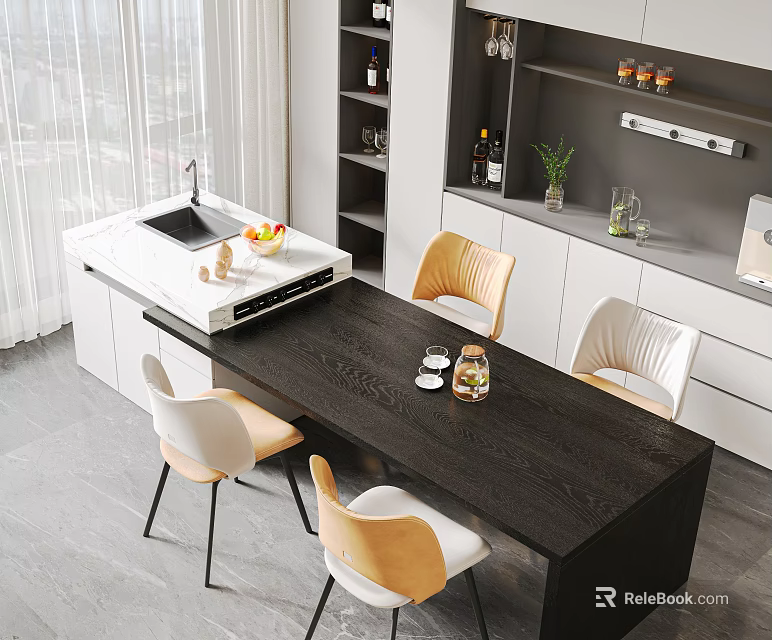 Bright Modern Dark Wooden Dining Table Set With White And Wooden Chairs And Kitchen Island 3d model 