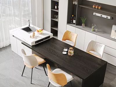 Bright Modern Dark Wooden Dining Table Set With White And Wooden Chairs And Kitchen Island 3d model