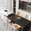 Bright Modern Dark Wooden Dining Table Set With White And Wooden Chairs And Kitchen Island