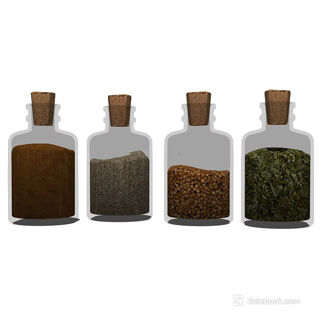 Set of Transparent Spice Bottles with Wooden Corks and Various Spices Inside 3d model 
