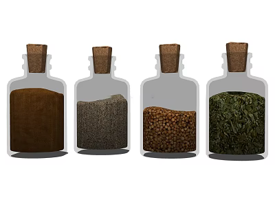 Set of Transparent Spice Bottles with Wooden Corks and Various Spices Inside 3d model