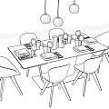 Modern Dining Table Set With Black Table Six Chairs Copper Pendant Lights And Tableware 3d model