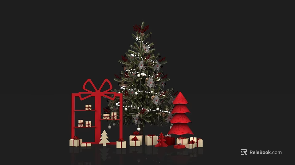 Festive Christmas Decorations Scene With Decorated Tree Gift Boxes Small Trees And Red Ornaments 3d model 