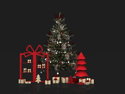 Festive Christmas Decorations Scene With Decorated Tree Gift Boxes Small Trees And Red Ornaments 3d model