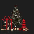 Festive Christmas Decorations Scene With Decorated Tree Gift Boxes Small Trees And Red Ornaments