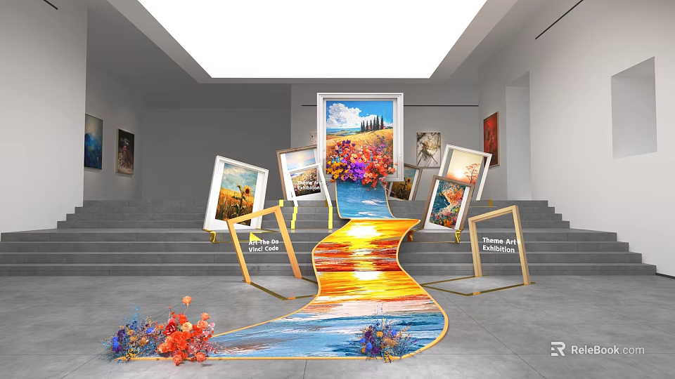 Staircase Art Installation With Colorful Landscape Paintings Frames And Floral Decorations 3d model 