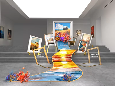 Staircase Art Installation With Colorful Landscape Paintings Frames And Floral Decorations 3d model