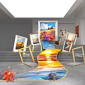 Staircase Art Installation With Colorful Landscape Paintings Frames And Floral Decorations