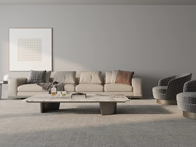 Beige Sofa With Decorative Cushions And Marble Coffee Table Set With Armchairs And Wall Art 3d model