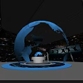 Modern Exhibition Hall Design With Curved Structure Blue Screens Data Lines And Lit Floor