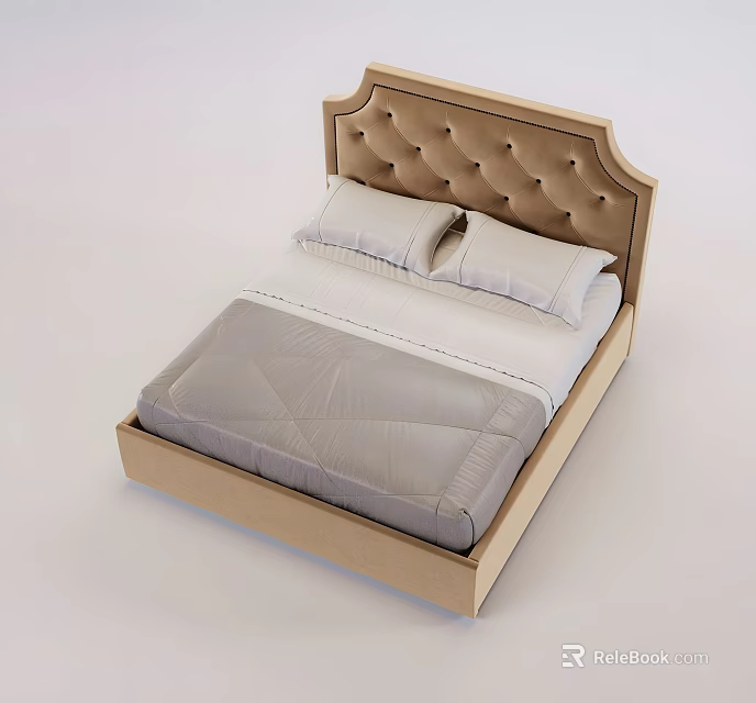 Modern Double Bed With Tufted Brown Headboard Wooden Frame Gray Mattress And White Sheets 3d model 