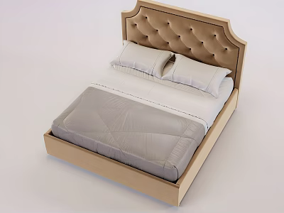 Modern Double Bed With Tufted Brown Headboard Wooden Frame Gray Mattress And White Sheets 3d model