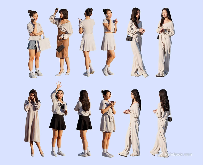 Group of Women in Different Fashion Outfits with Various Standing Poses and Styles 3d model 