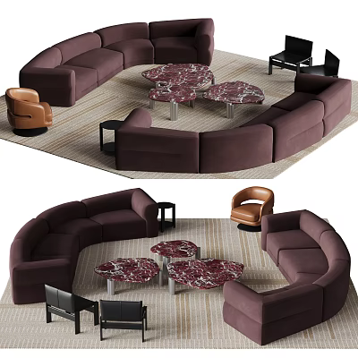 Purple Modular Sofa and Round Marble Coffee Table Set with Accent Chairs and Area Rug 3d model