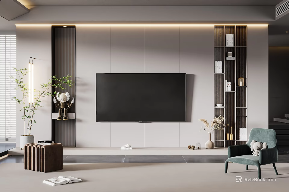 Modern TV Wall Design with Green Plants Bookshelves Armchair and Ambient Lighting 3d model 