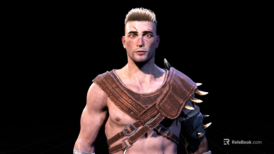 Fantasy Warrior Character With Muscular Build Wearing Spiked Leather Armor And Short Hair 3d model 