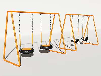Two Outdoor Playground Swings With Orange Frame Black Seats And Chain Hanging 3d model