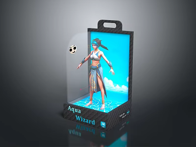 Aqua Wizard Female Character In Display Package With Blue Background And Soccer Ball 3d model