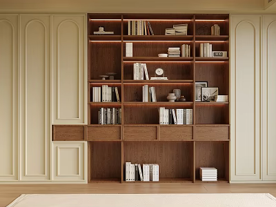 Modern Built In Wooden Bookcase With Books Decorative Items And Frames Against Beige Paneled Walls 3d model