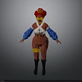 Woman In Red And White Outfit With Red Hair Blue Sleeves Yellow Belt Black Boots