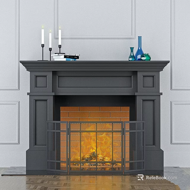 Black Fireplace Mantel with Burning Flames Decorative Candles and Vases on White Wall 3d model 